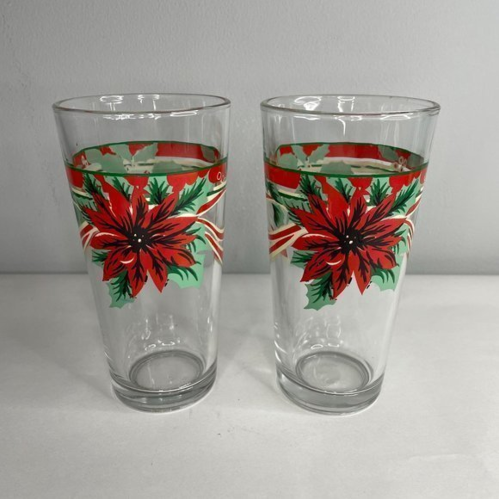 Set of 2‎ Vintage KIG Indonesia Christmas Poinsettia Flower Glass Tumblers